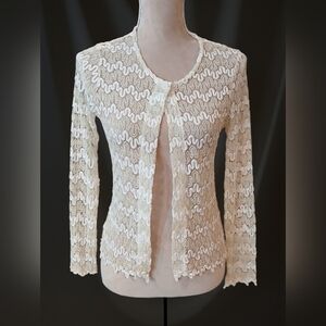 Vintage Gantos White Metallic Gold Lacy Sheer Womans Small Layering Cardigan Y2k